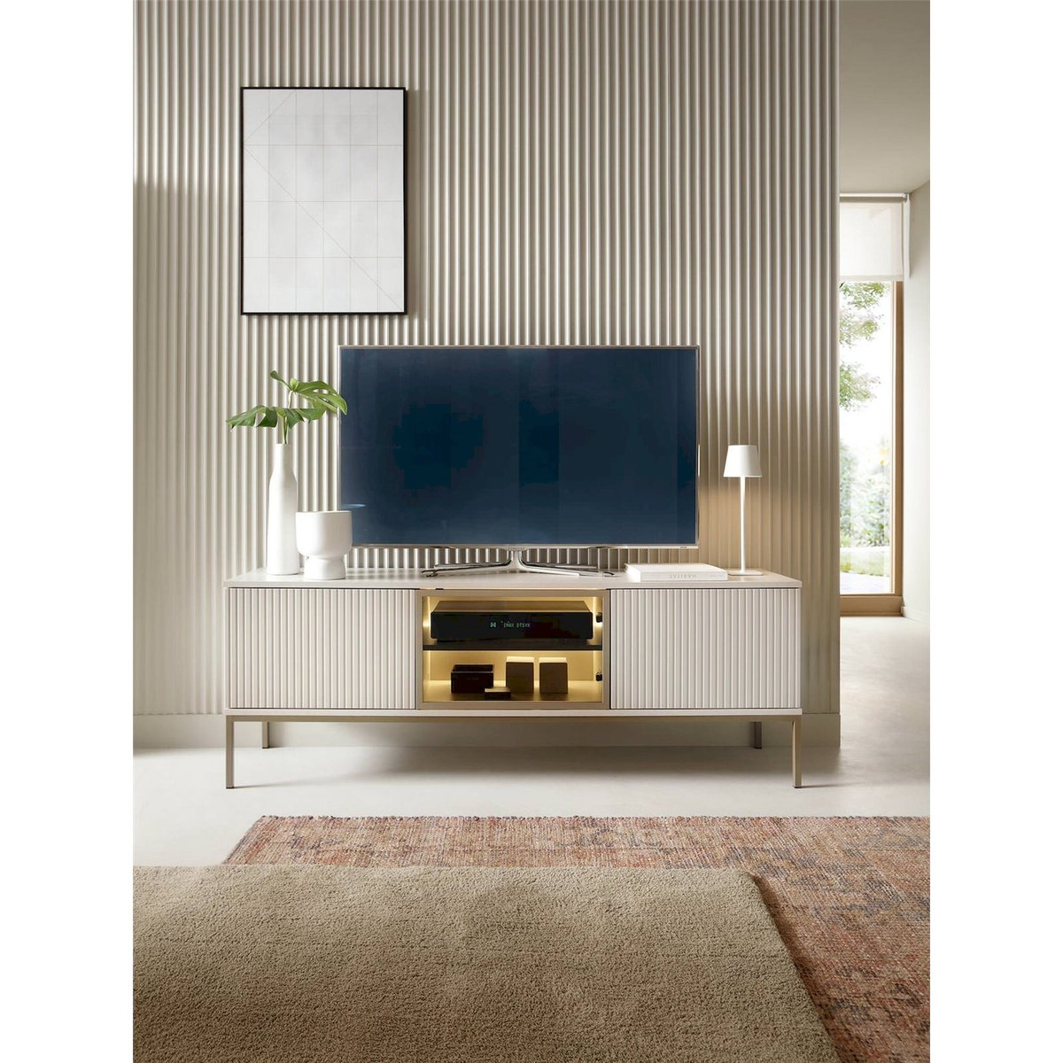 Meuble tv rainuré collection TOSENA avec LED cachemire, RECOLLECTION