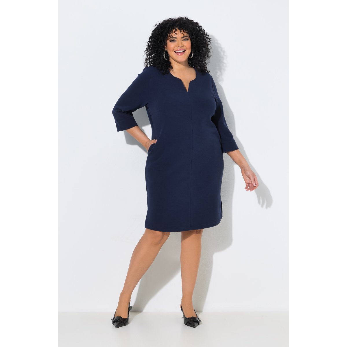 Robe texturée, col tunisien et manches 3/4 marine, ULLA POPKEN