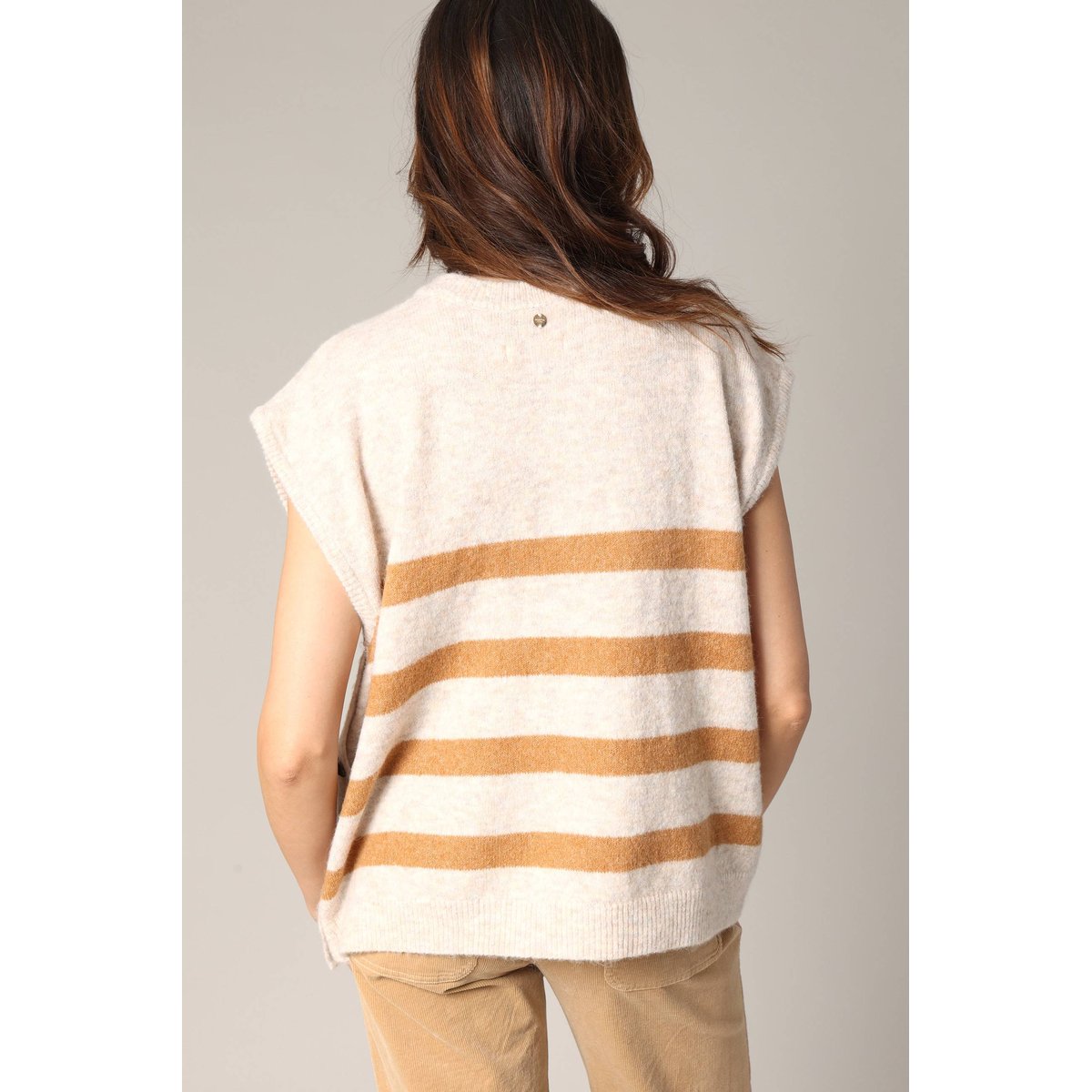 Pull en maille style marin sans manches avec boutons fantaisie BIRDY camel, DEELUXE