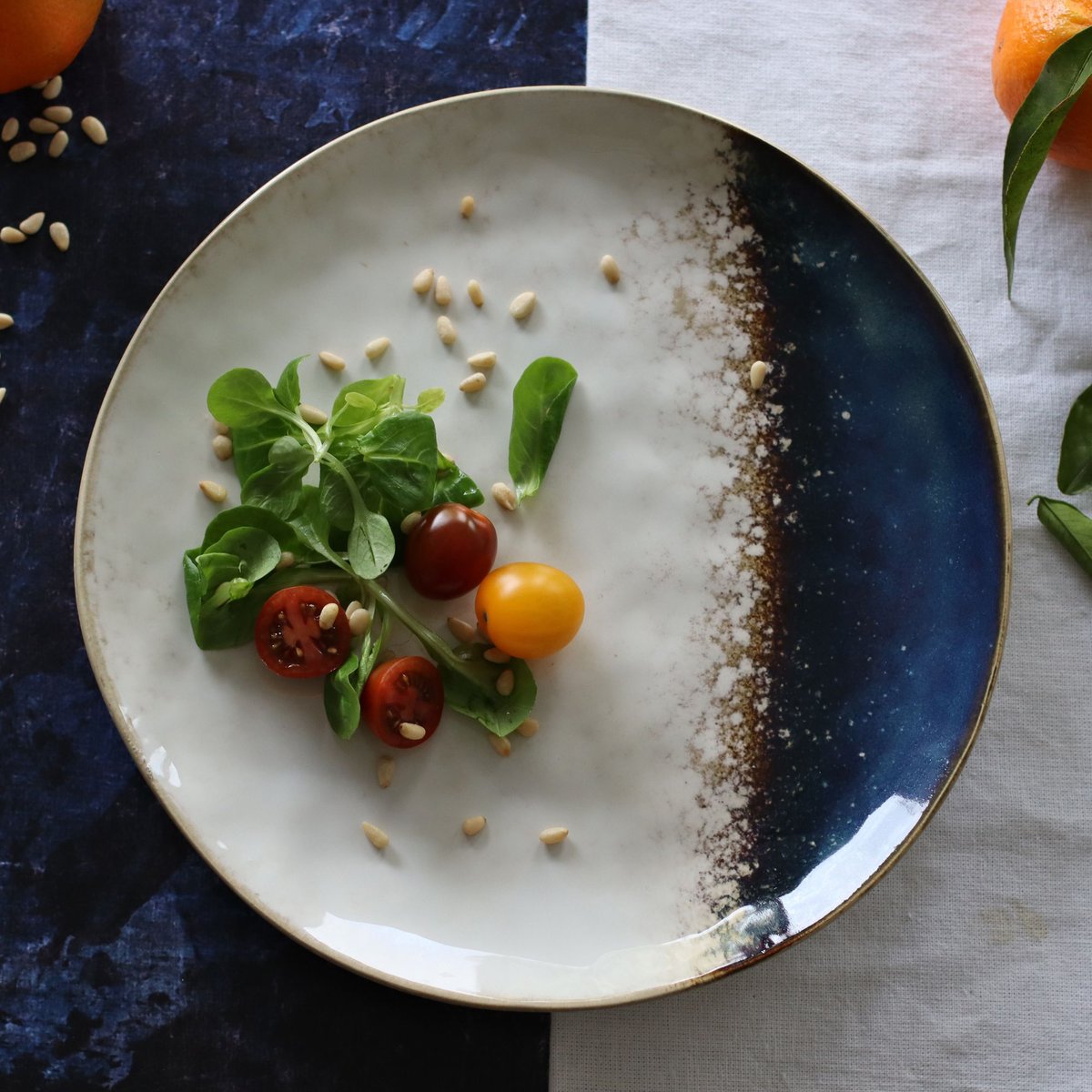Lot de 6 assiettes plates en grès 27,5cm, KATANGA blanc-bleu, OGO LIVING