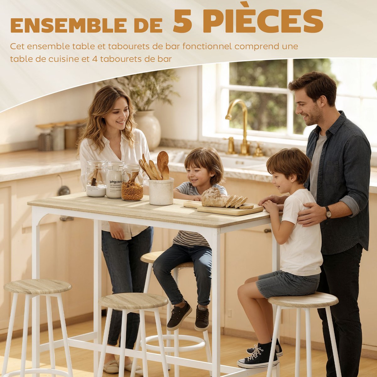 Ensemble de table de bar Métal effet bois naturel, blanc, HOMCOM