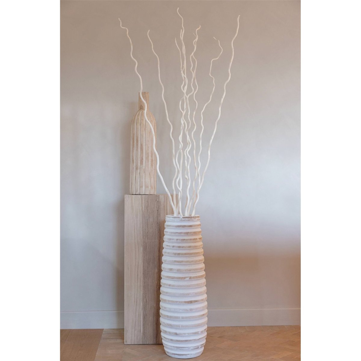 Vase haut ligné en bois de paulownia blanc blanchi, RECOLLECTION