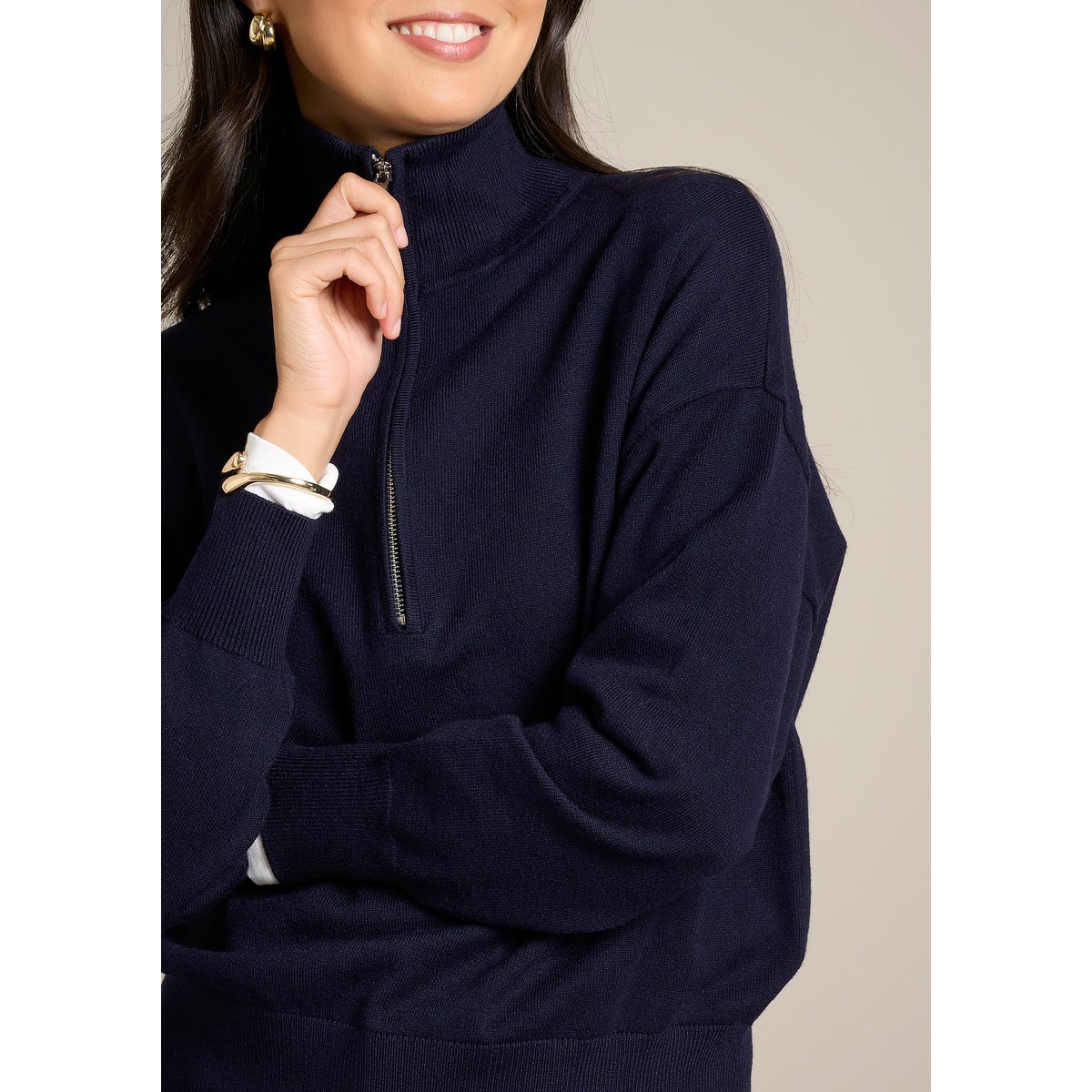 Pull col montant zippé bleu marine, LOLALIZA