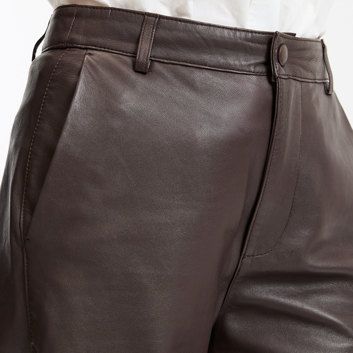 Pantalón de pernera recta de piel, largo 7/8 marrón, LA REDOUTE COLLECTIONS
