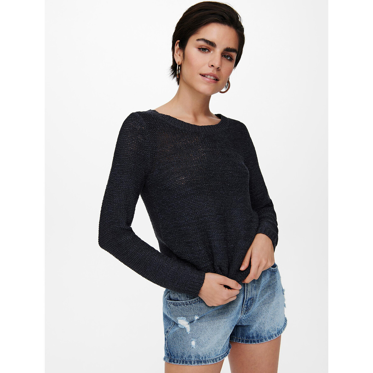 Boat Neck Jumper in Fine Knit navy blue, ONLY