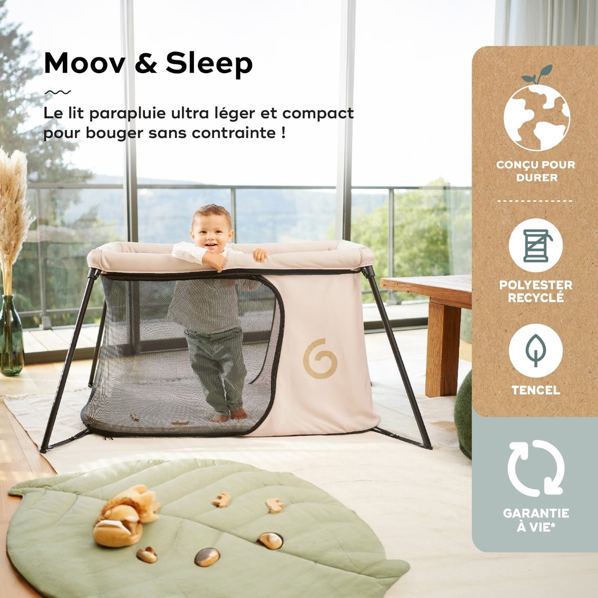 Lit parapluie compact et ultra léger bébé beige, BABYMOOV