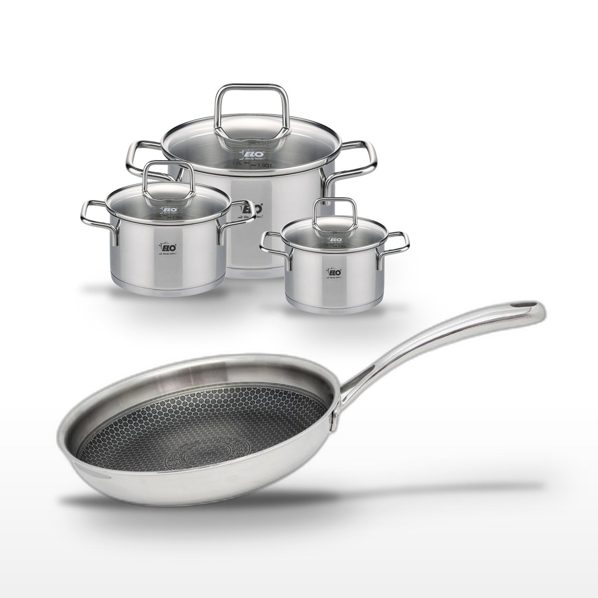 Batterie 1 poêle 28cm + 3 faitouts 12/14/20cm RELIEF EVOLUTION inox, ELO