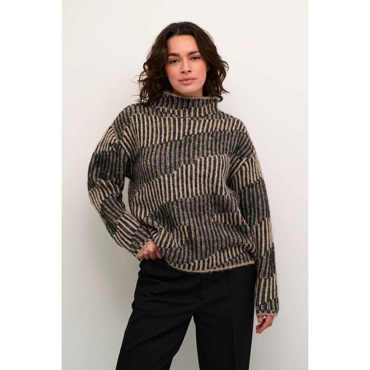 Knitted pullover beige/noir rayures feather gray / black melange, KAFFE