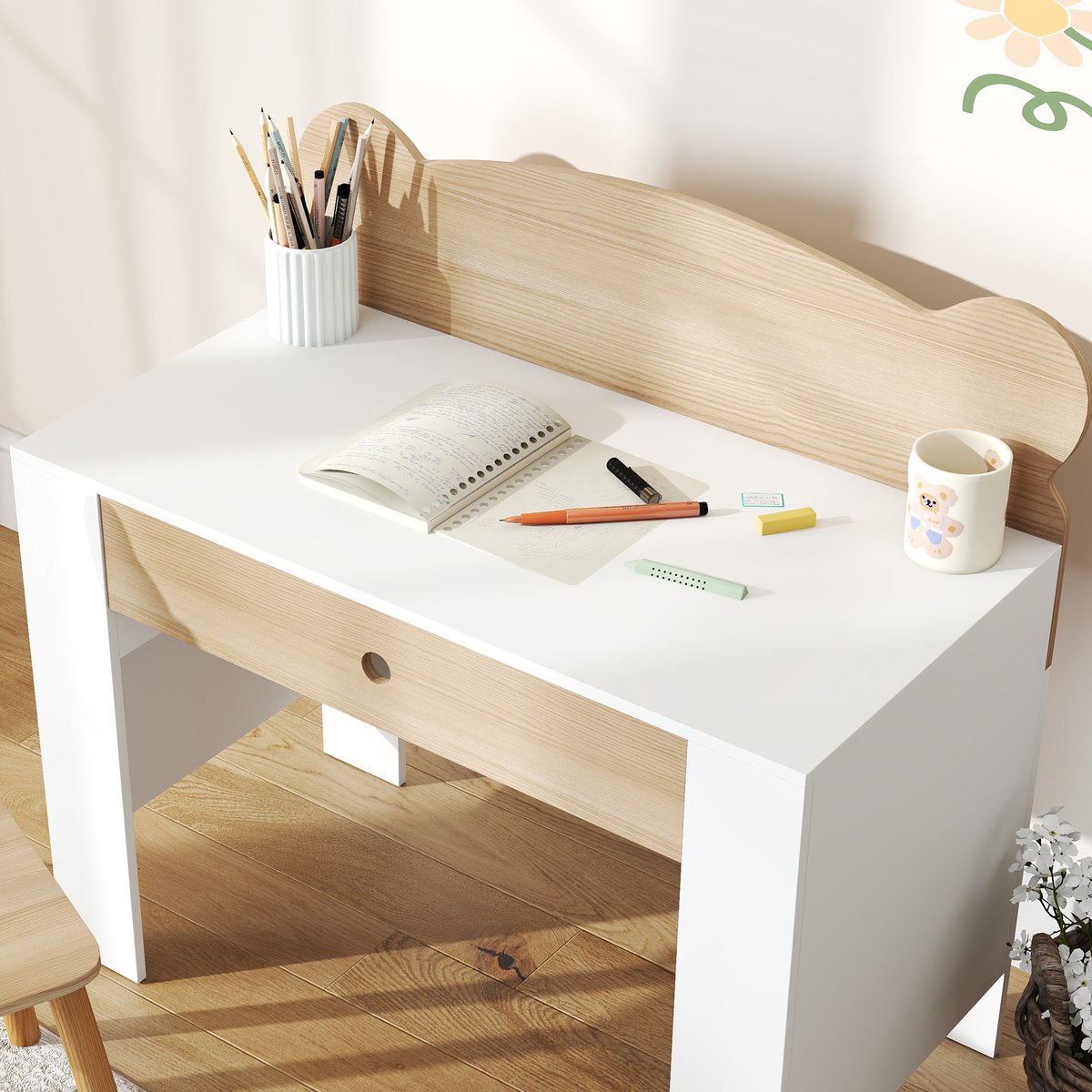 Bureau d'étude pour enfants avec chaise MDF bois naturel et blanc, AIYAPLAY