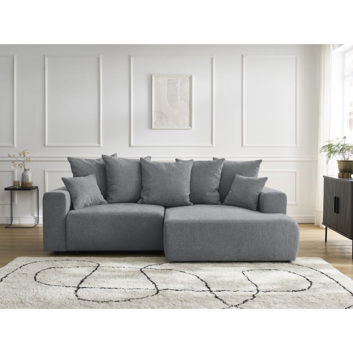 Canapé d'angle convertible 4 places en tissu texturé, ATILLA gris foncé, BOBOCHIC