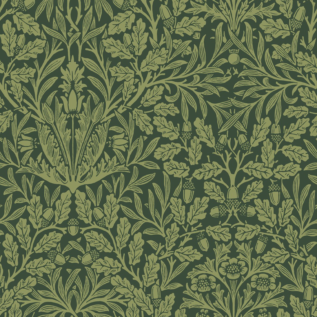 Papier peint fleuri chêne et anémone de printemps vert, WILLIAM MORRIS AT HOME