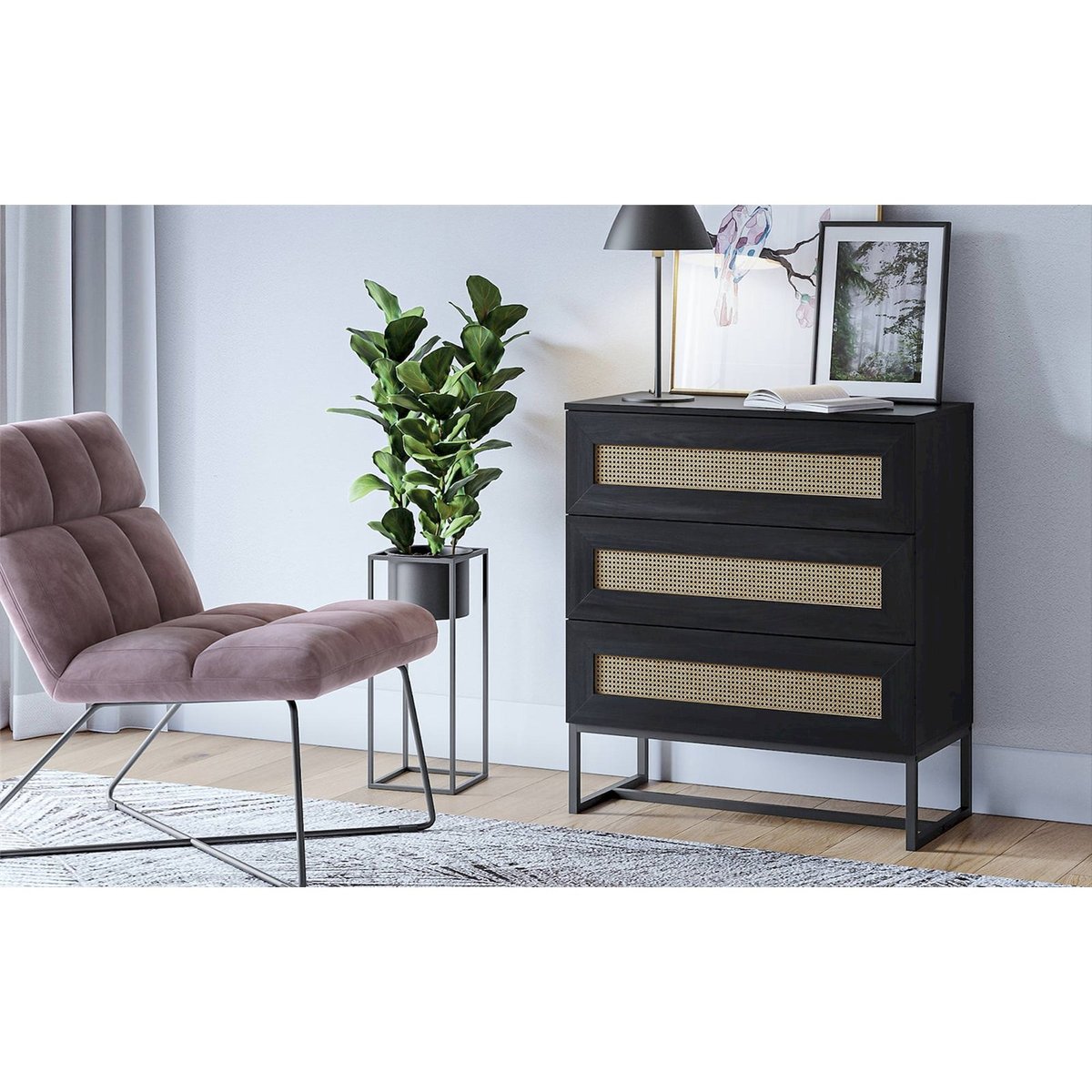 Commode 3 tiroirs cannage collection KERALS noir et chêne, RECOLLECTION