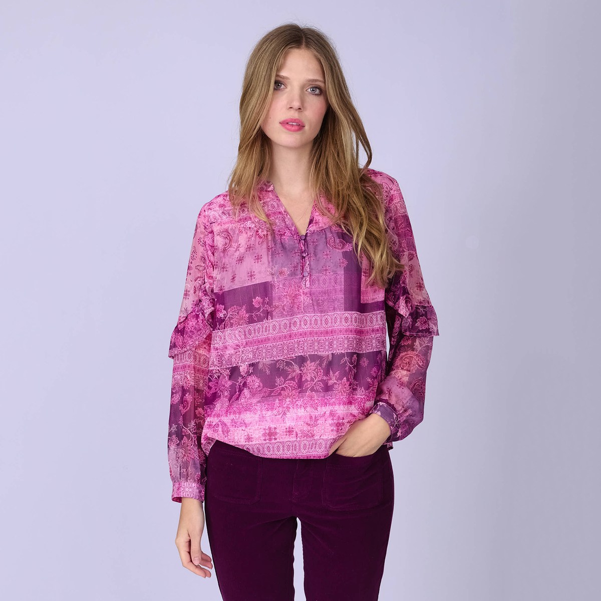 Blouse imprimée à voile rose, MISE AU GREEN