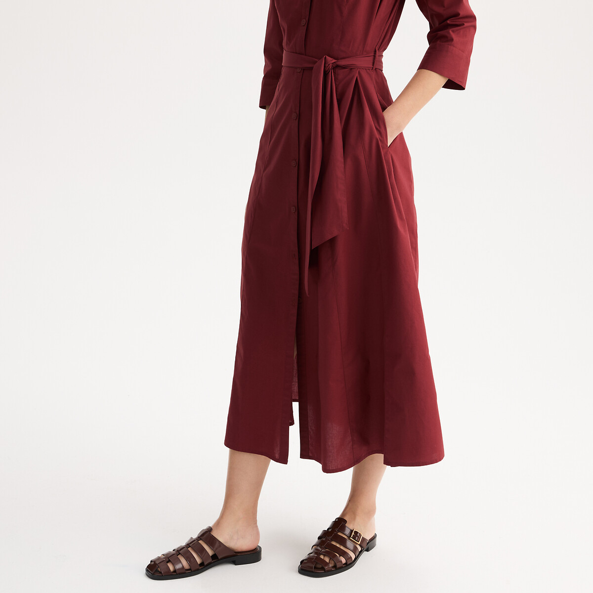 Robe longue évasée en coton, manches 3/4 marron rougi, ANNE WEYBURN