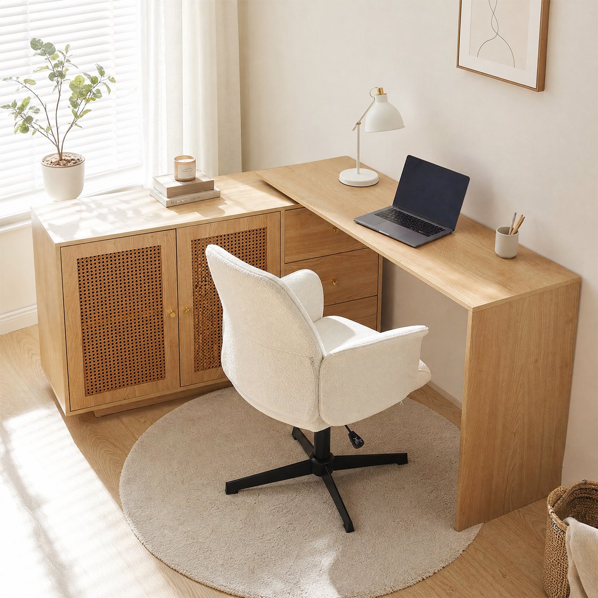 Ensemble de bureau d’angle rotatif avec portes rotin et chaise de bureau, DICCPERNTHOMASINAB blanc, MEUBLES COSY