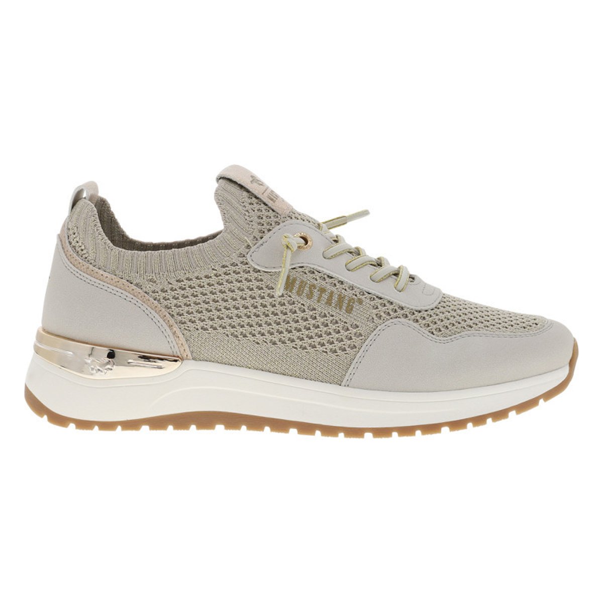 Baskets running sable à talon plat et à slip-on avec des lacets dorés décoratifs beige, MUSTANG