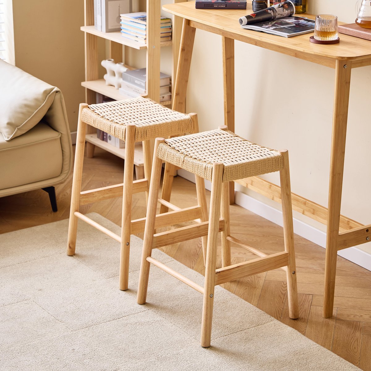 Lot de 2 tabourets de bar, bois massif et corde, SALTA coloris naturel, NORDLYS