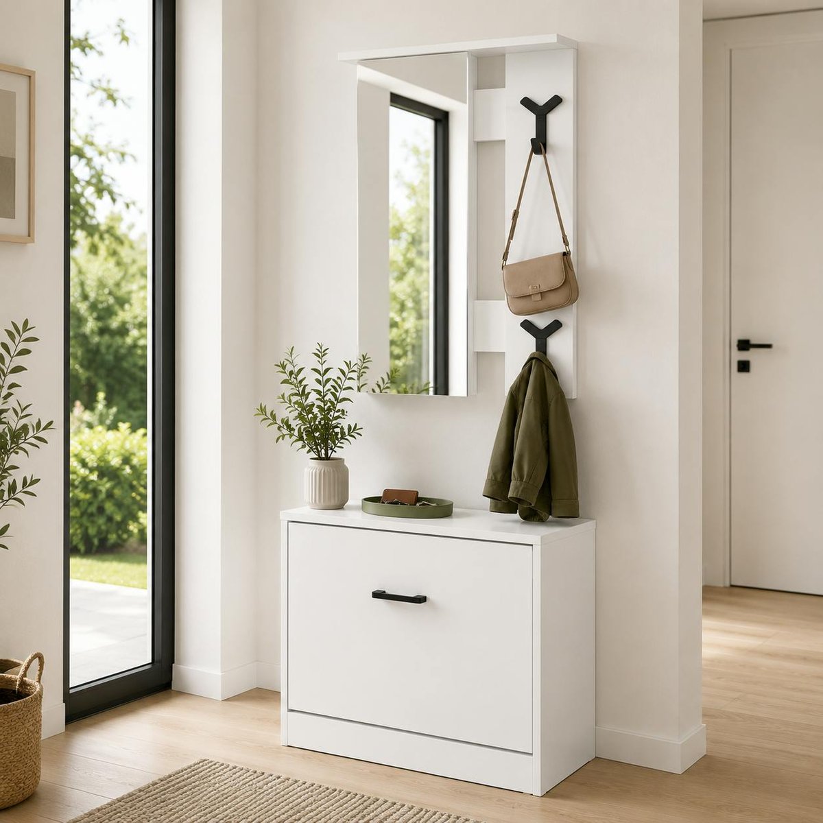 Vestiaire d'entrée - meuble à chaussures + miroir ALVA blanc, PIER IMPORT