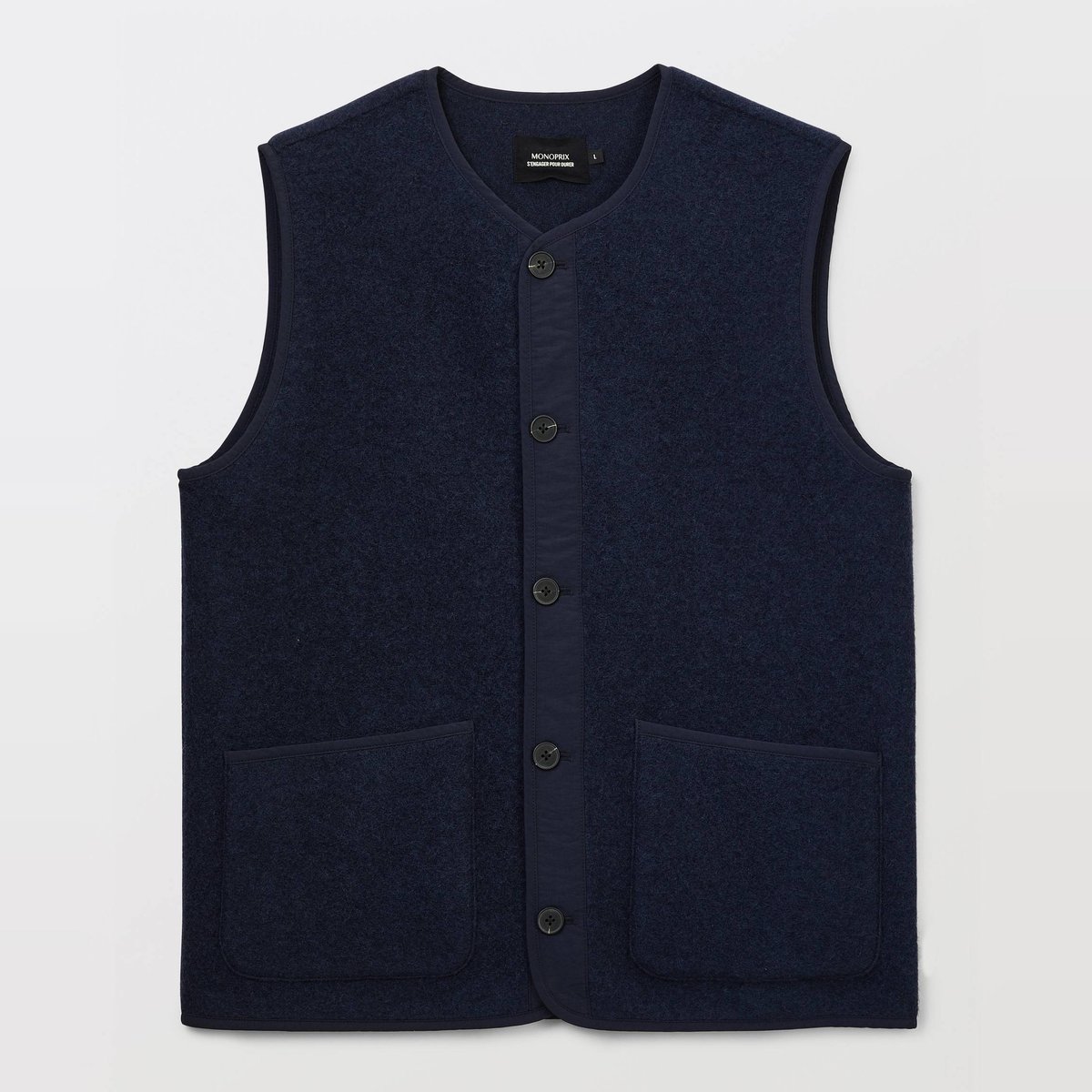Veste sans manches boutonnée en mélange laine marine, MONOPRIX