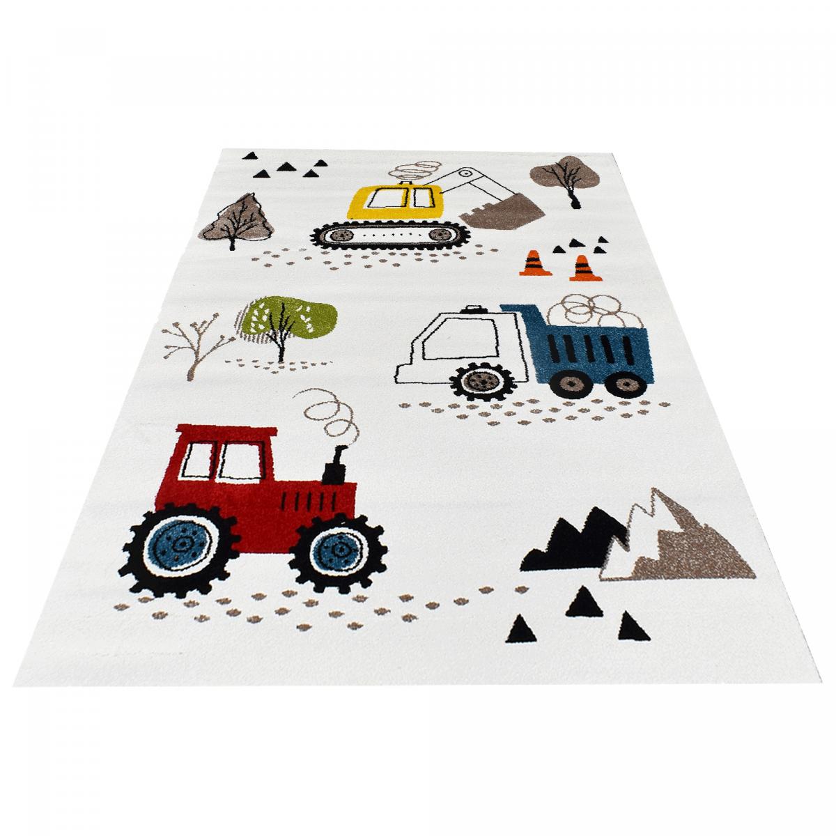 Tapis enfant TRUCKS certifié OEKO-TEX écru, jaune, bleu, vert, UN AMOUR DE TAPIS