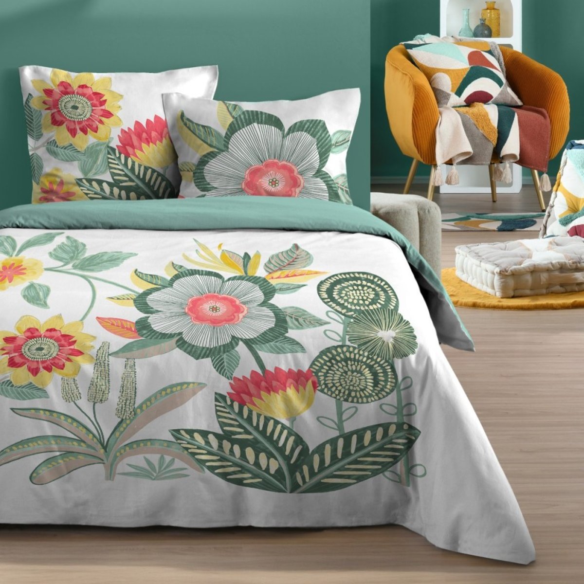 Housse de couette 260x240 finition rabat + 2 taies coton 57 fils vert, DECORATIE