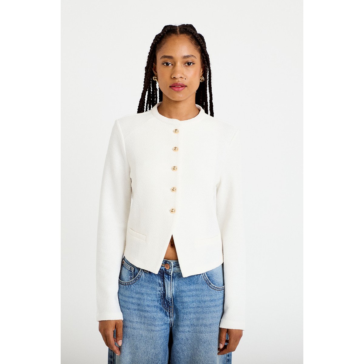 Gilet tweed droit cropped col rond ecru, CACHE CACHE