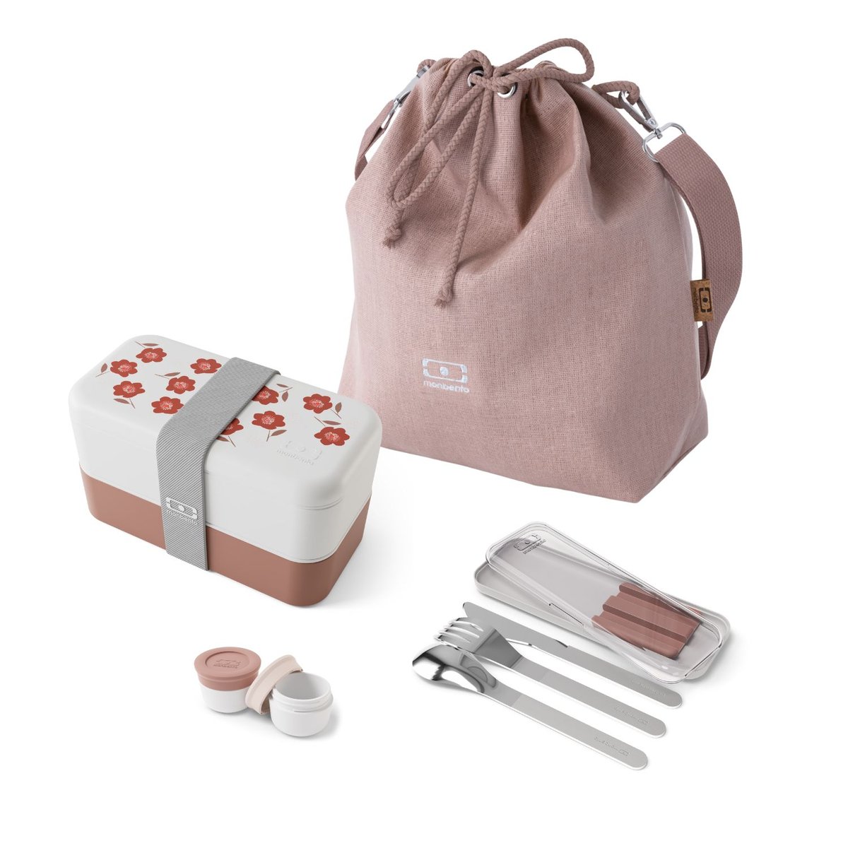Set repas lunch box 2 étages 1L avec accessoires rose poppy, MONBENTO