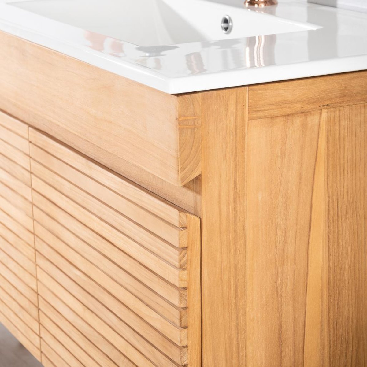 Meuble salle de bain en teck et céramique 90cm AKTUAL blanc, WANDA COLLECTION