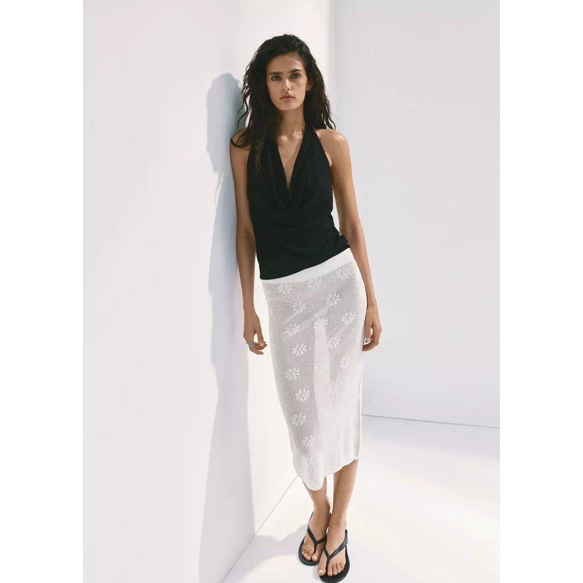 Jupe en crochet semi-transparente à fleurs blanc, MANGO