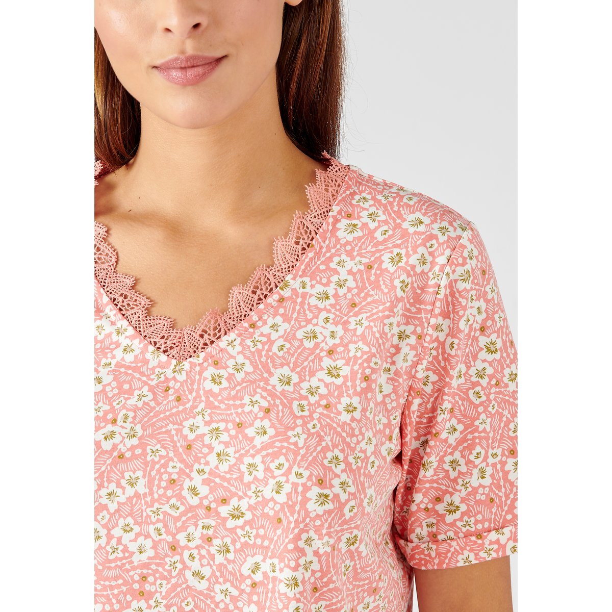 Tee-shirt imprimé détails dentelle orange corail fleuri, DAMART