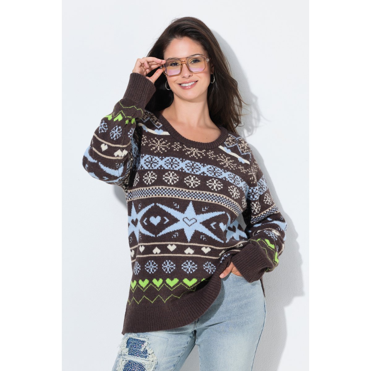 Pull motif norvégien, col montant acajou, ULLA POPKEN