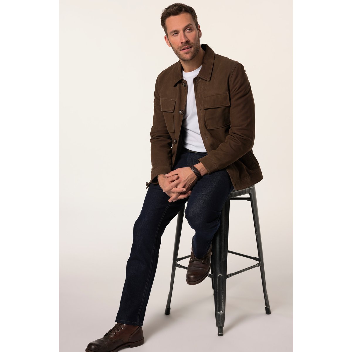 Veste en cuir nubuck d'agneau, col chemise marron tabac, JP1880