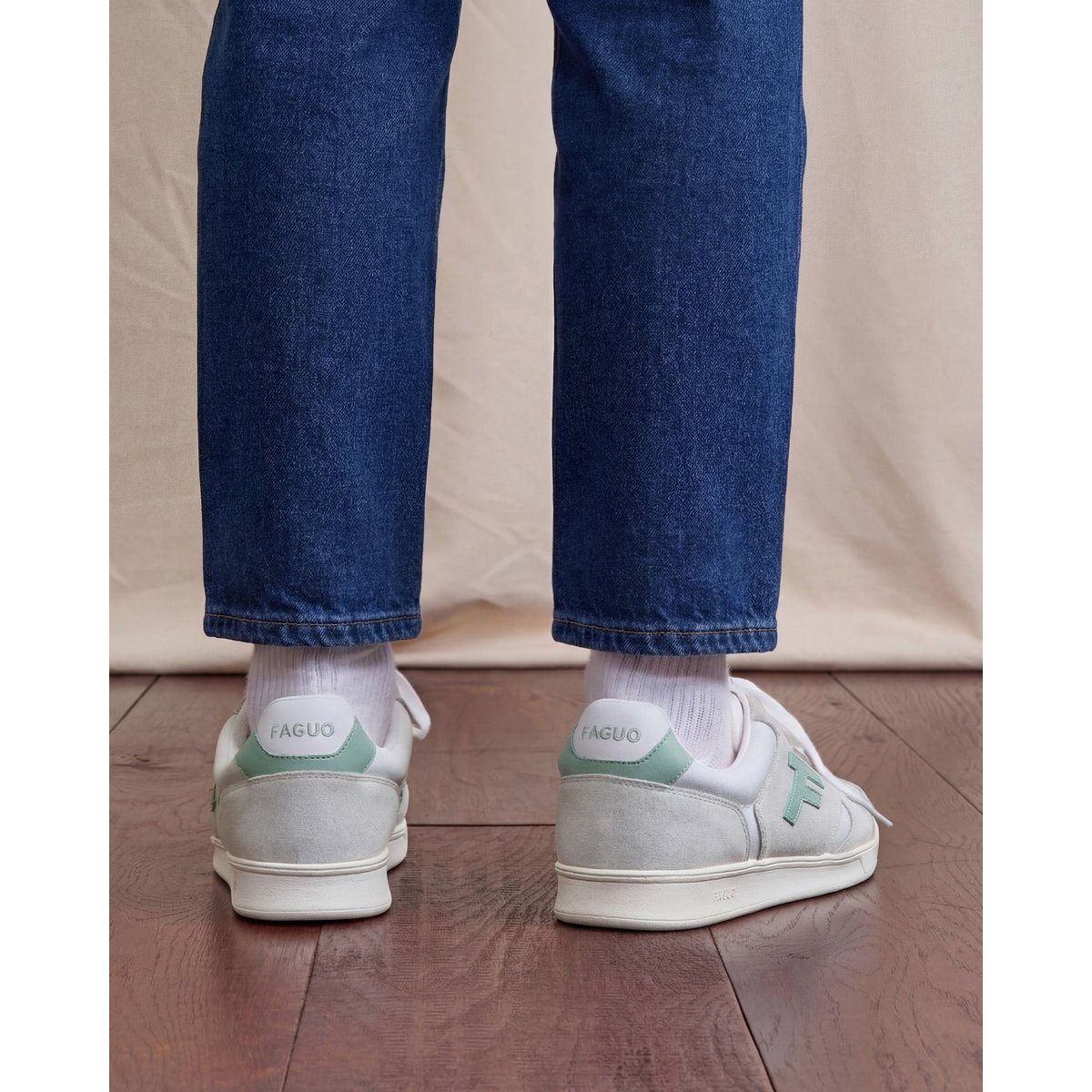 Baskets basses cuir suede PALMER blanc et vert clair, FAGUO