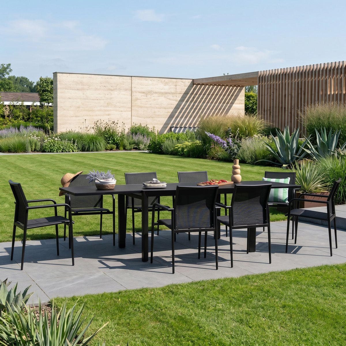 Ensemble 8/12p alu/verre, 10 fauteuils MODULO noir, WILSA GARDEN