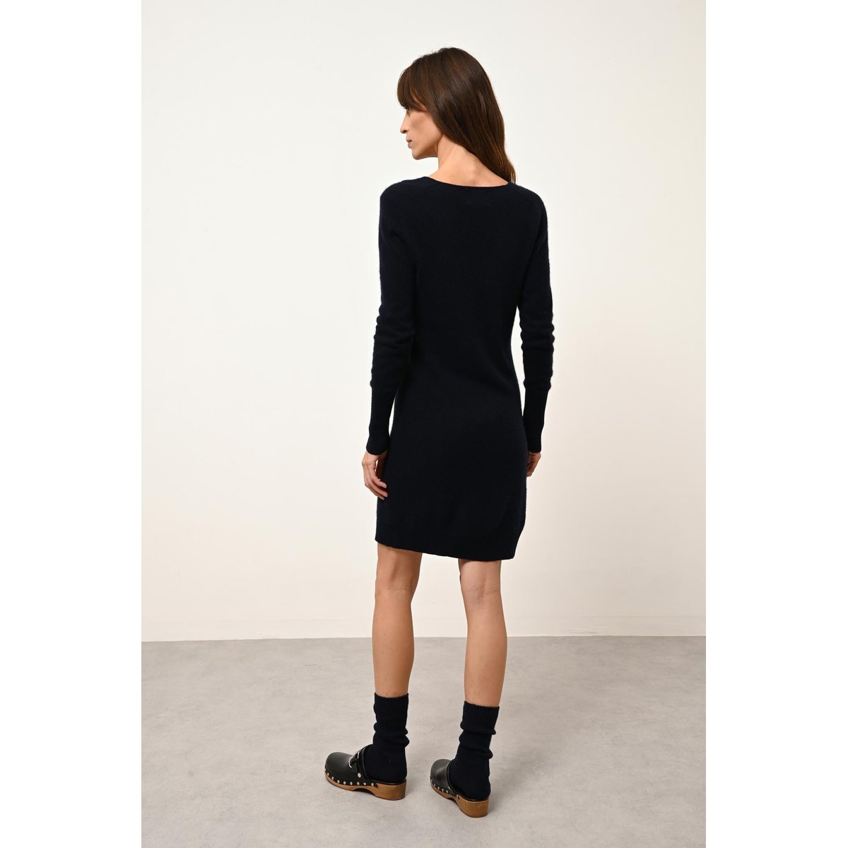 Robe Col V Navy Tracy bleu foncé, JUST CASHMERE