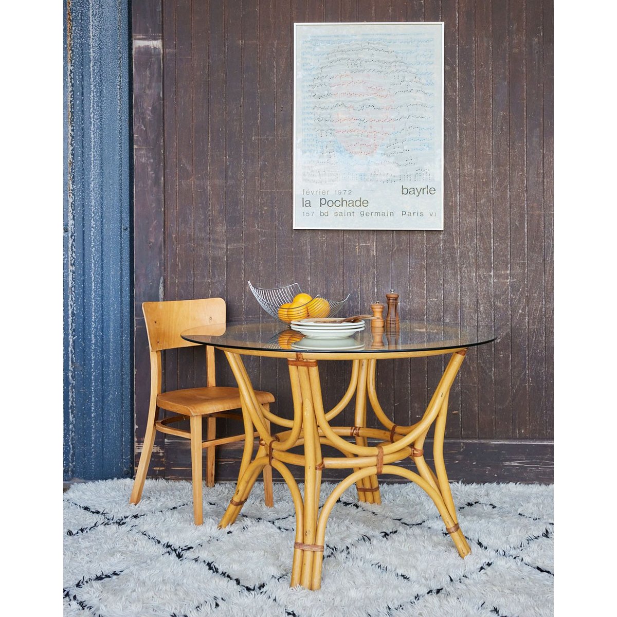 Table à manger 4 personnes en rotin et verre Karla N°1305 - Bon état bois clair, DEBONGOUT
