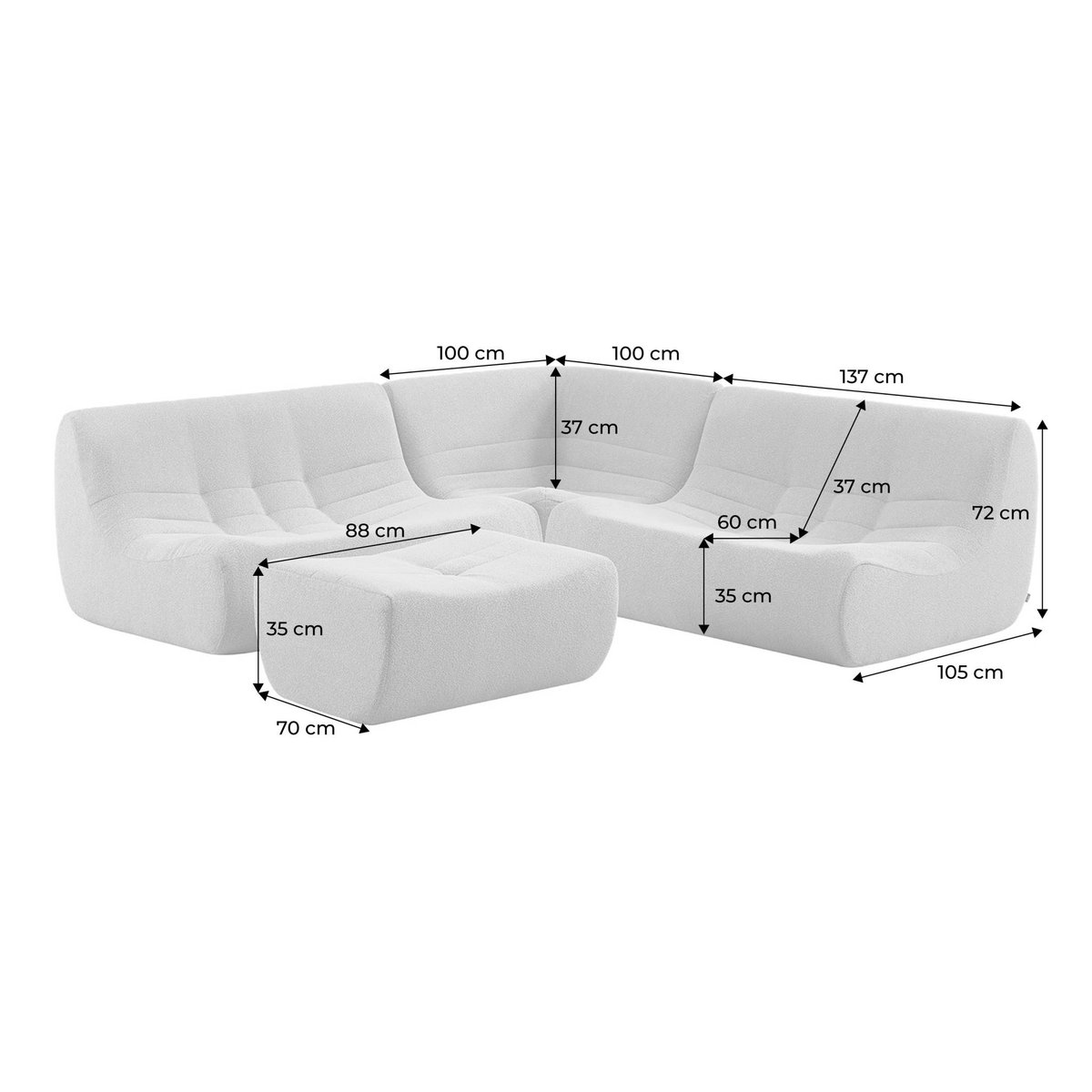 Canapé d'angle compressé modulable 5 places avec repose pied bouclette texturée SOKOL beige, SWEEEK
