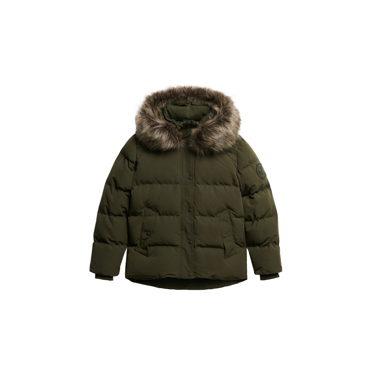 Doudoune courte à capuche en imitation fourrure kaki militaire, SUPERDRY