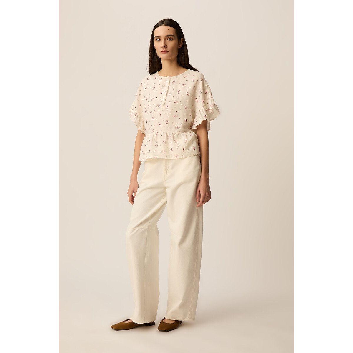 Blusa a maniche corte con stampa floreale, TANGO bianco fantasia a fiori rosa, DES PETITS HAUTS