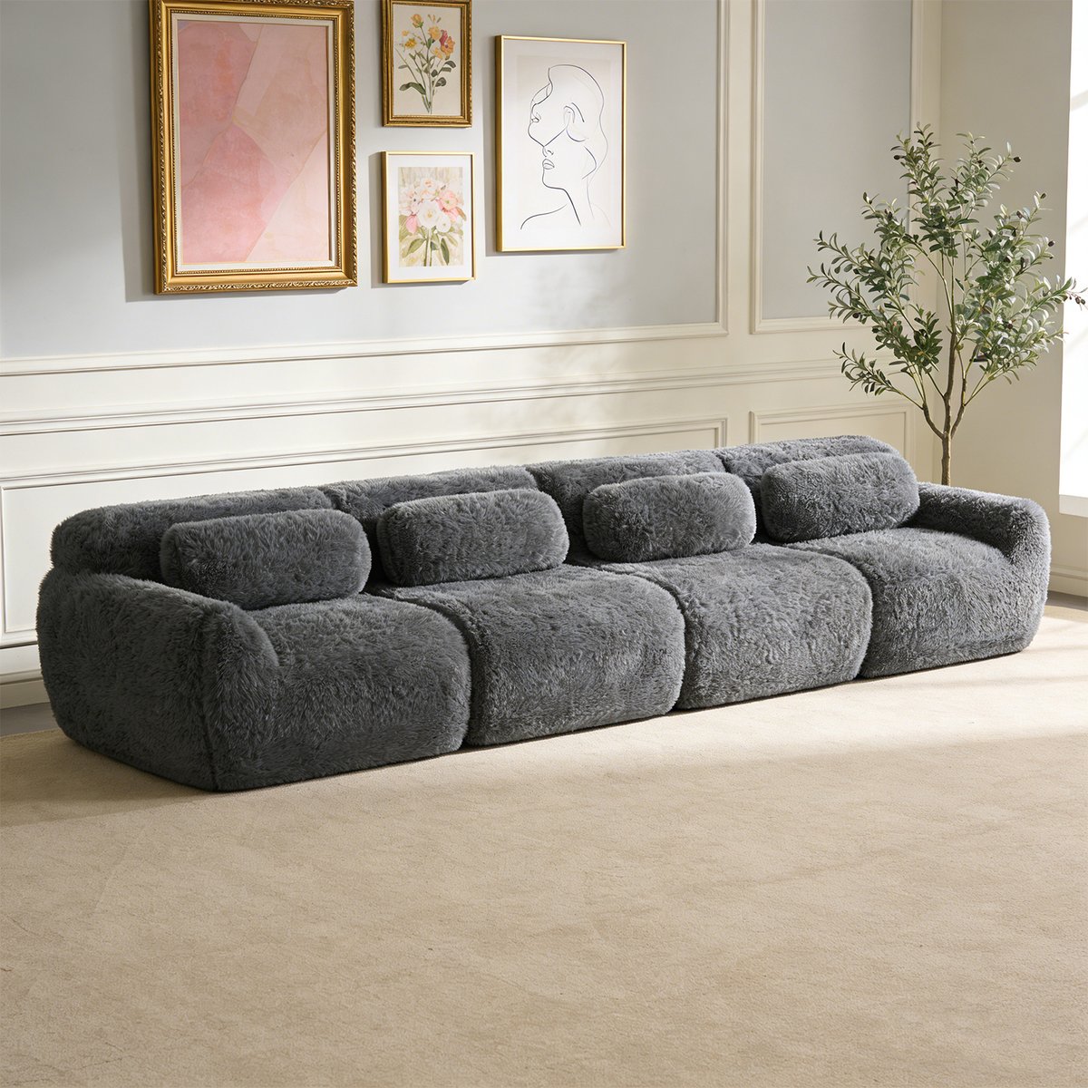 Canapé droit 4 places design moderne, WIND gris charbon, MEUBLES COSY