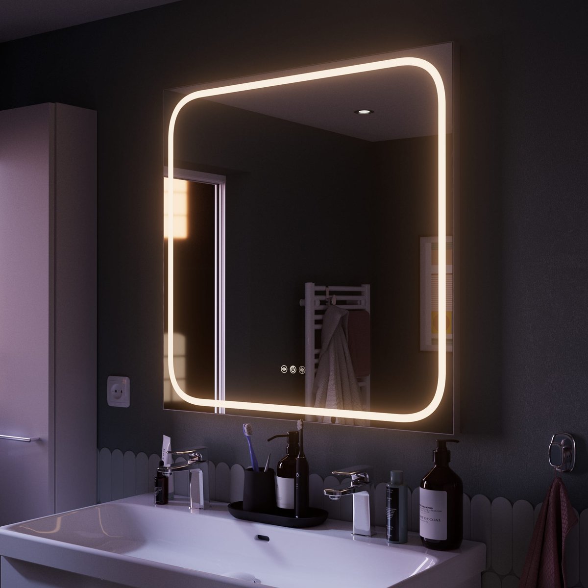 Miroir de salle de bain lumineux carré, REMIX gris, SENSEA