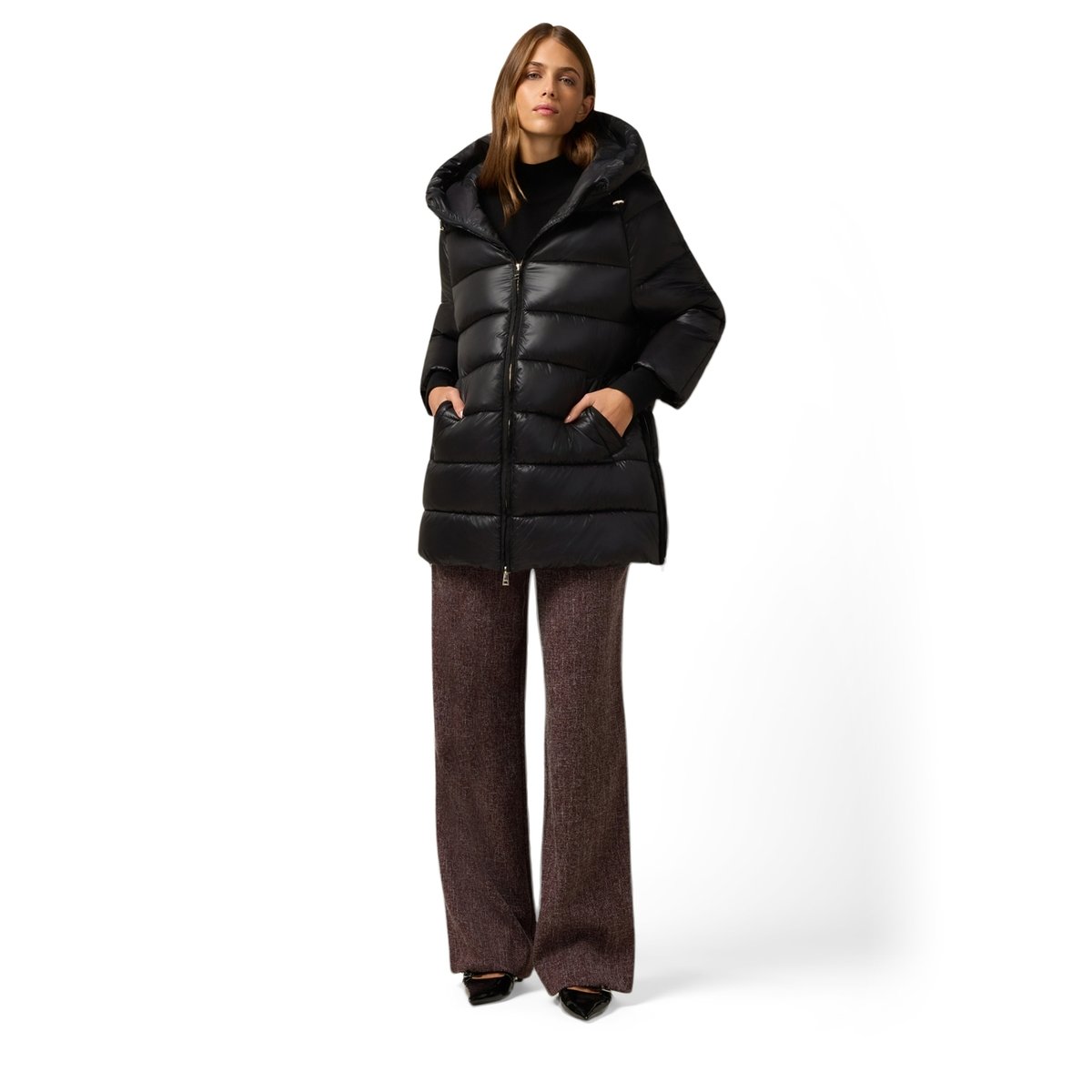 Veste matelassée midi avec capuche noir, OLTRE