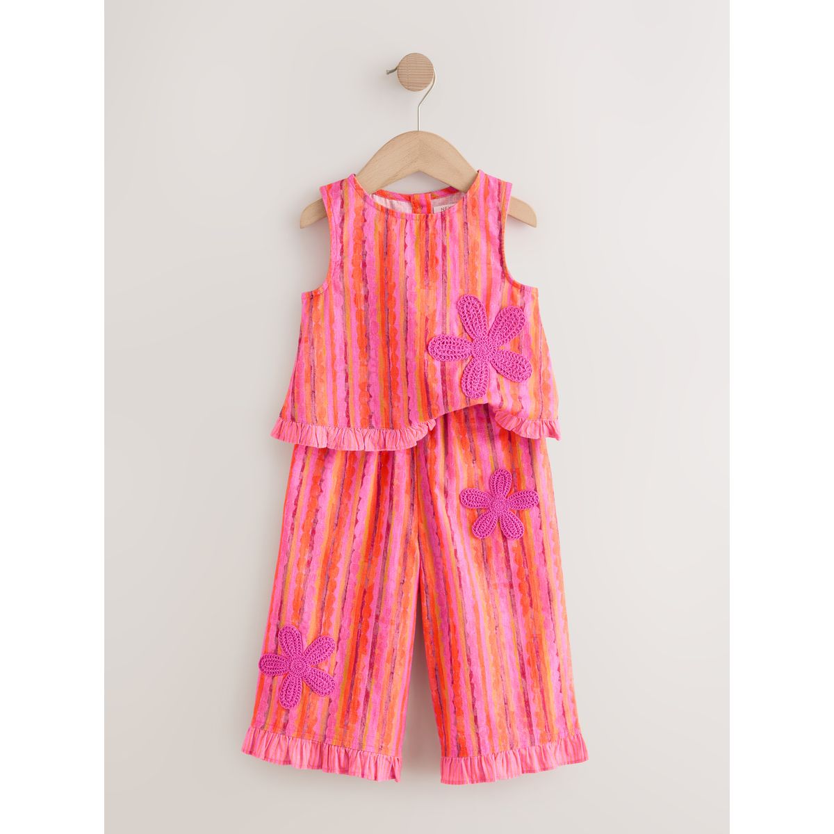 Ensemble haut et pantalon rayures roses/orange/fleurs au crochet, NEXT