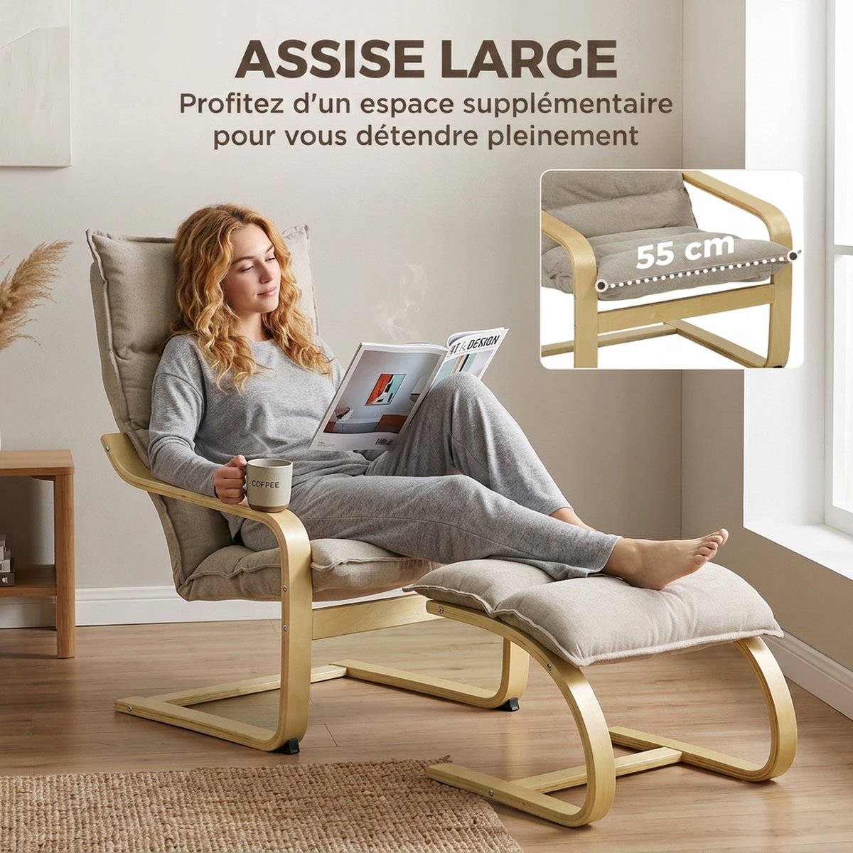 Fauteuil d'appoint avec repose-pieds Lin beige, HOMCOM