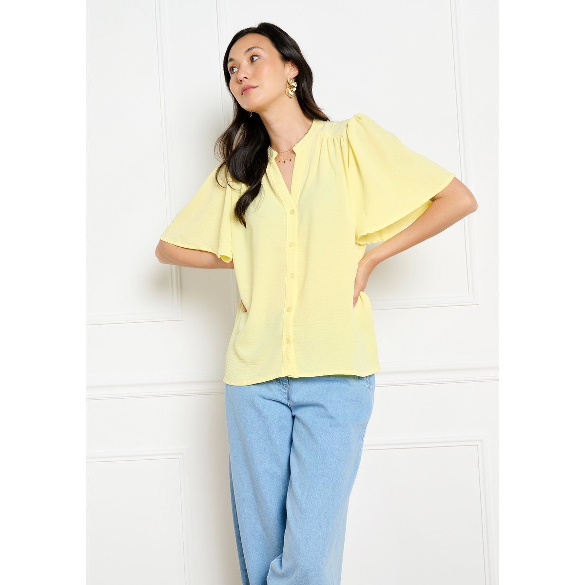Blouse fluide col mao jaune pastel, LOLALIZA