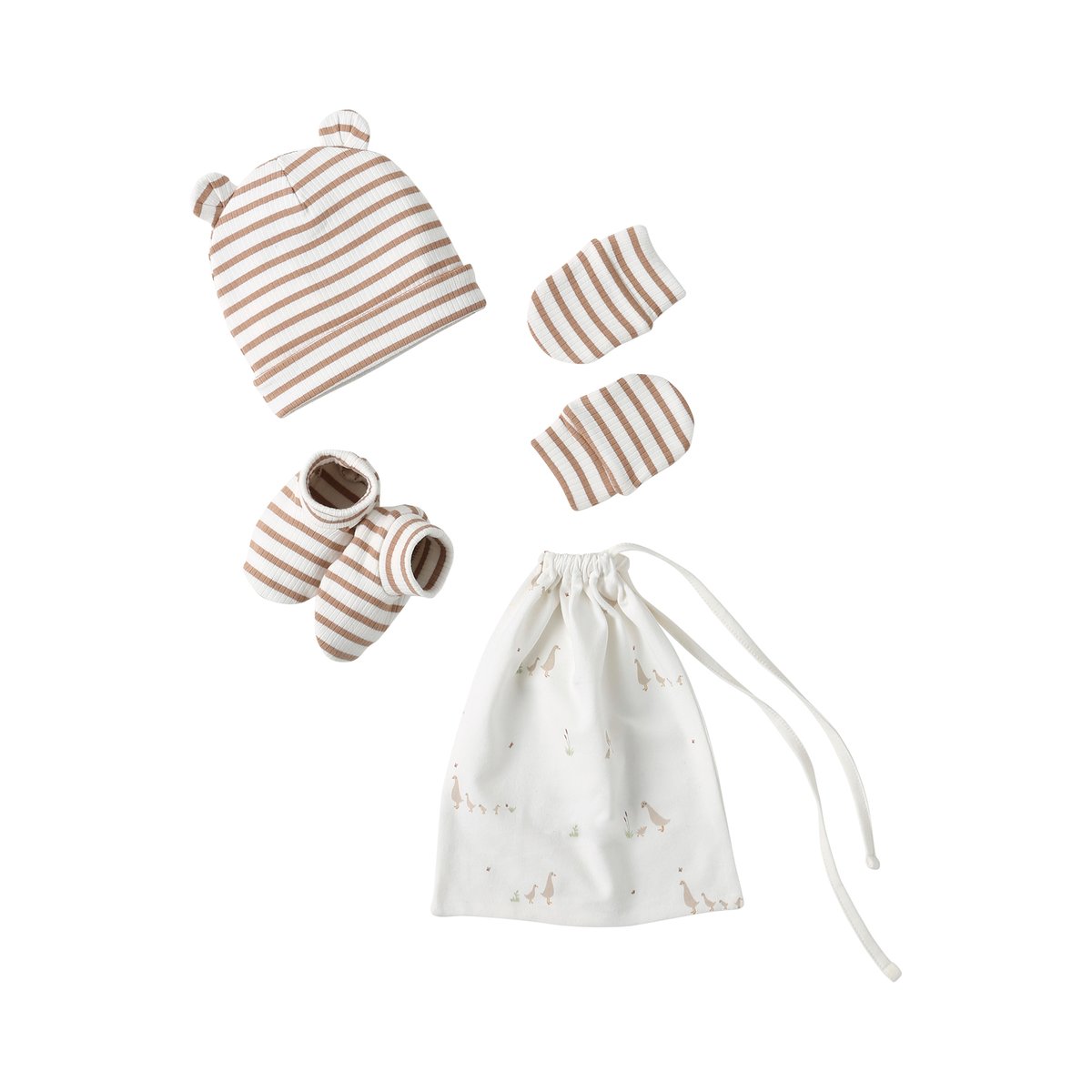 Ensemble naissance bonnet + moufles + chaussons + pochon cappuccino, VERTBAUDET