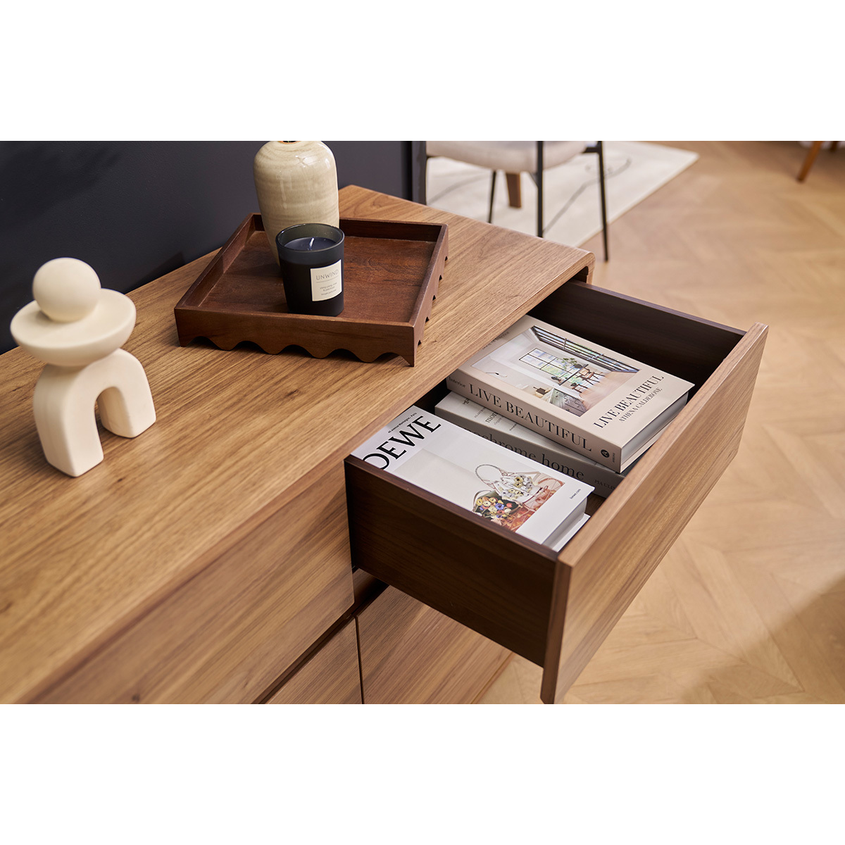Buffet design en bois foncé noyer 3 portes 3 tiroirs L160 cm JAKO noyer, MILIBOO