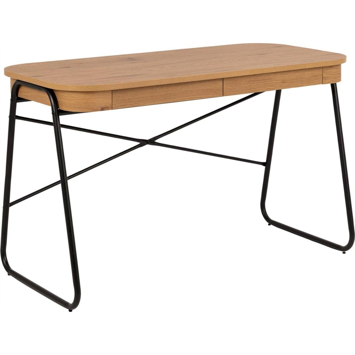 Bureau LIZENO 2 tiroirs piètement métal chêne naturel mat et noir, RECOLLECTION