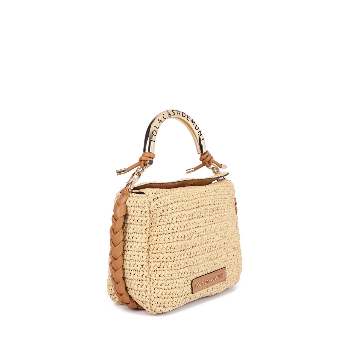 Sac à bandoulière combiné effet raphia avec poignée logo beige clair, LOLA CASADEMUNT