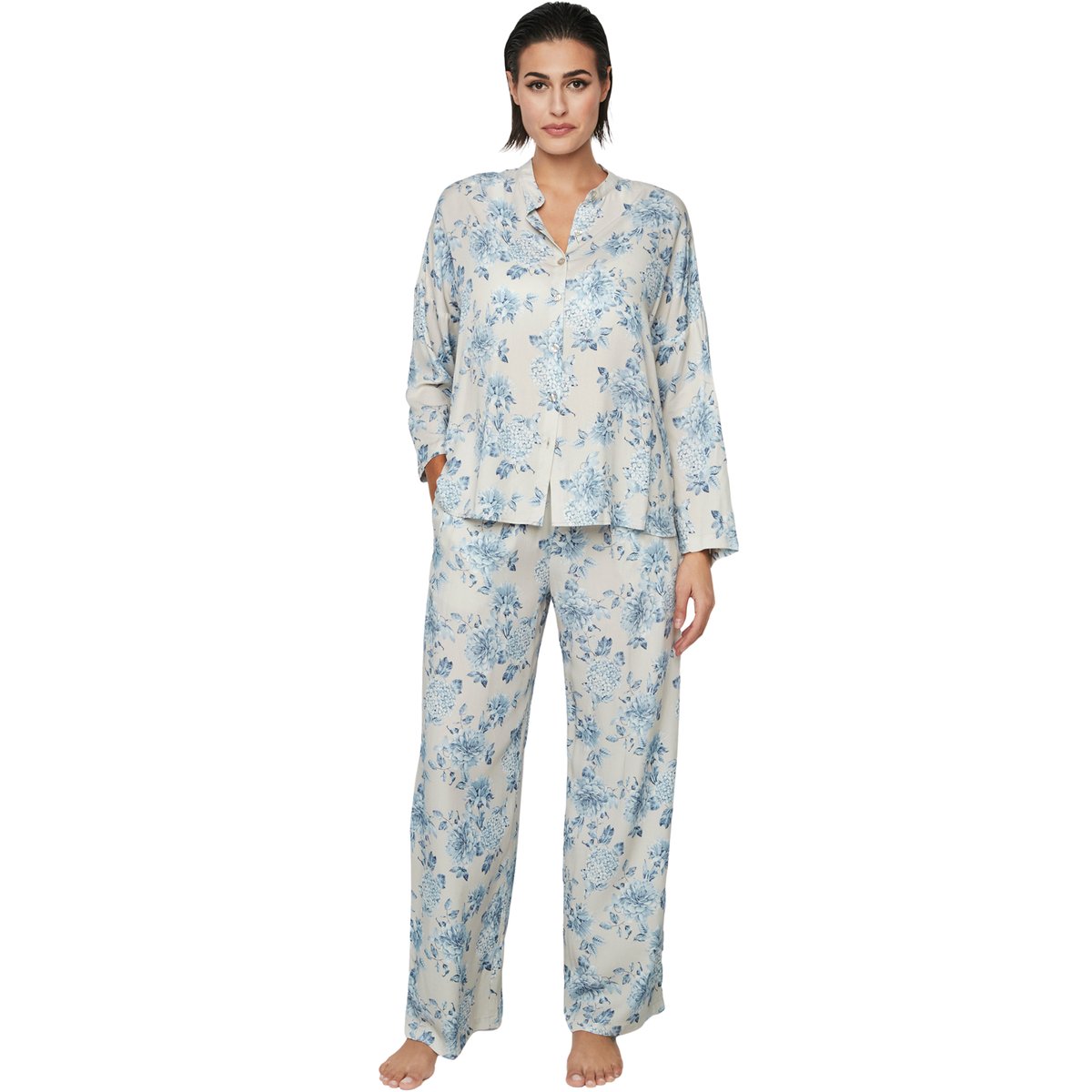 Pyjama pantalon chemise manches longues P107 JARDINS SECRETS bleu, SELMARK